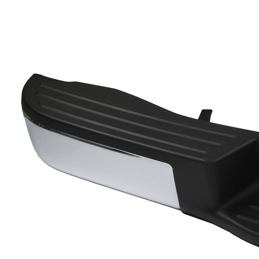 Rear bumper assembly side end cap with black ribbed grille and silver lower panel