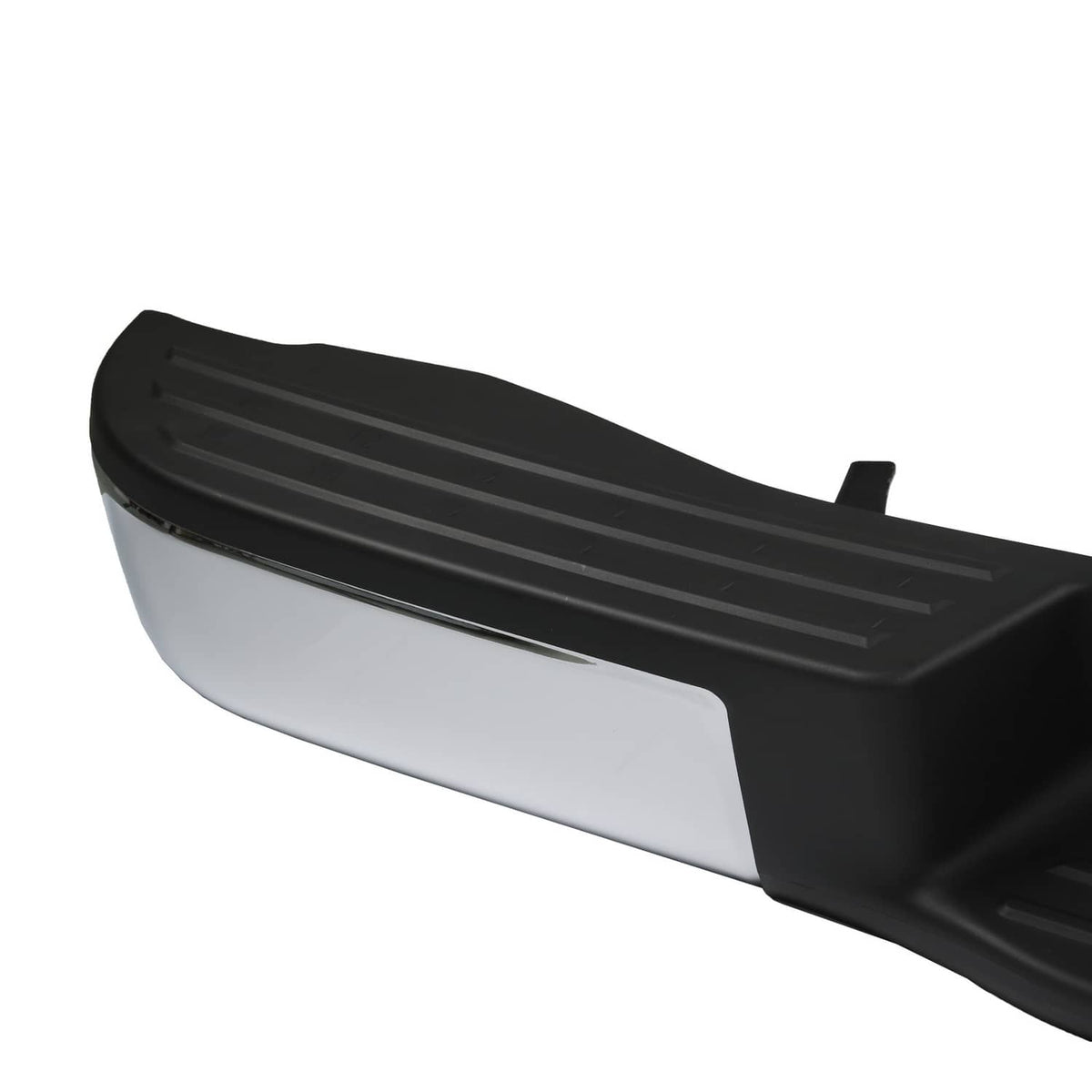Rear bumper assembly side end cap with black ribbed grille and silver lower panel