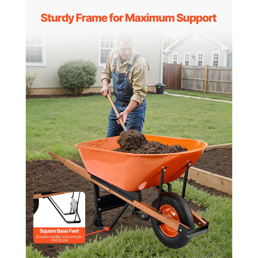 Orange soil dump cart with one wheel, black base frame, and wooden handles