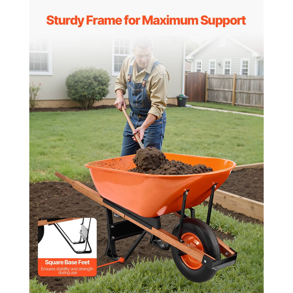 Orange soil dump cart with one wheel, black base frame, and wooden handles