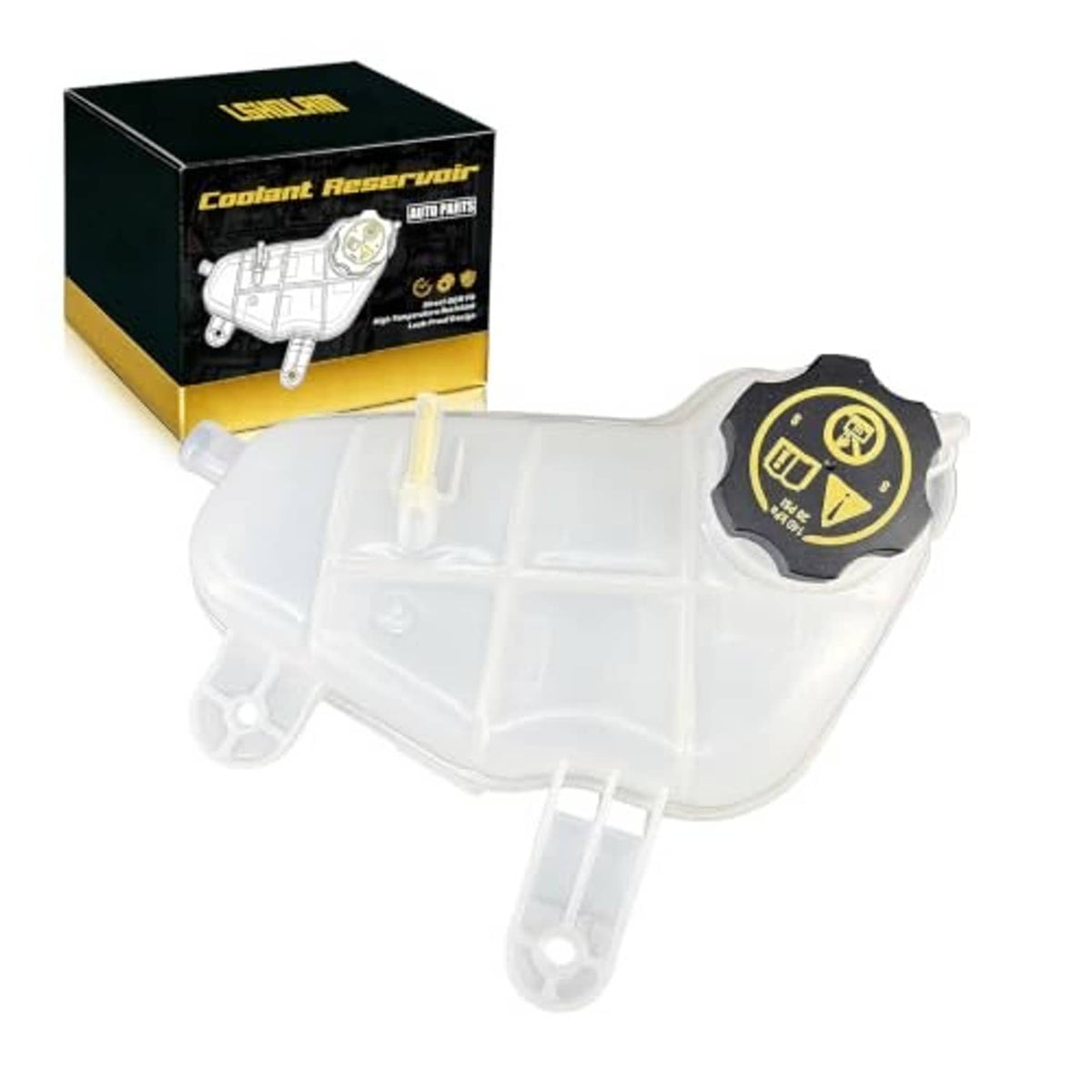 Coolant overflow reservoir tank with translucent white reservoir and black cap, warning symbol
