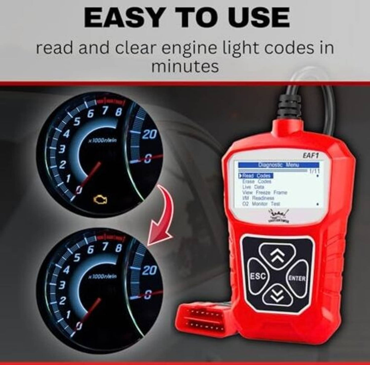 Red EAF1 OBD2 scanner with LCD display, ESC/Enter buttons, and connected OBD plug.