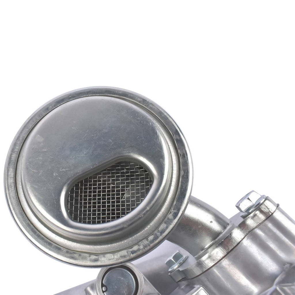 Metal oil pump strainer assembly with mesh filter inside circular inlet