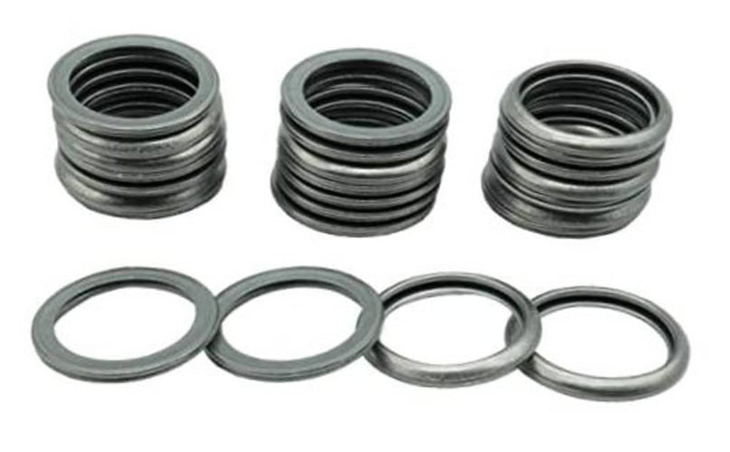 Stainless steel M16 transmission fluid drain plug seals with flat washer rings, 4-piece view
