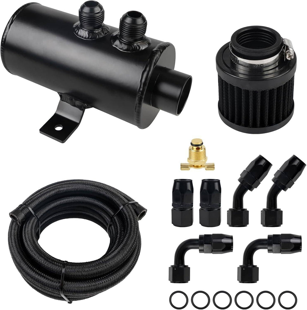 Oil catch can reservoir kit: black tank, dual breather filter, braided 10 ft hose, and fittings