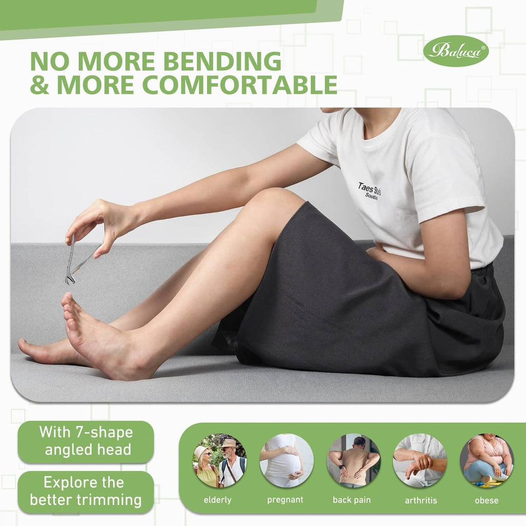 Ergonomic silver toenail clipper with yellow spring, held near foot for trimming
