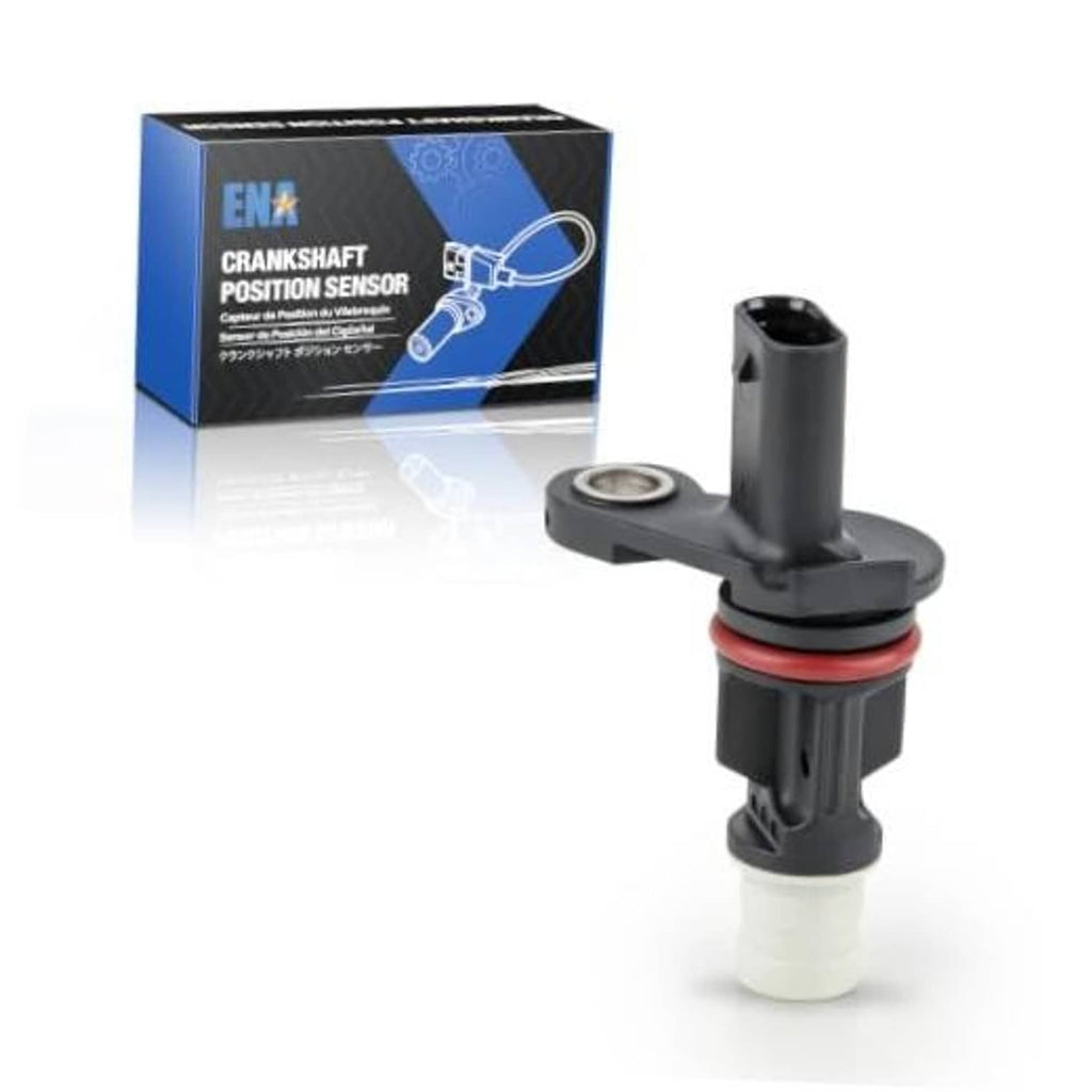 Crankshaft position sensor with black housing and red O-ring, with metal mounting post