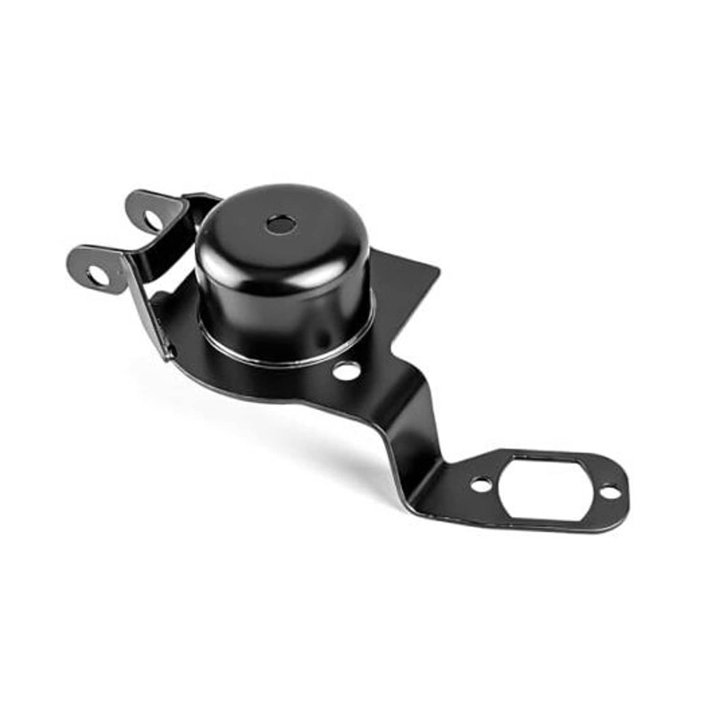 Front driver side lower coil spring bracket, black metal with mounting holes and cup
