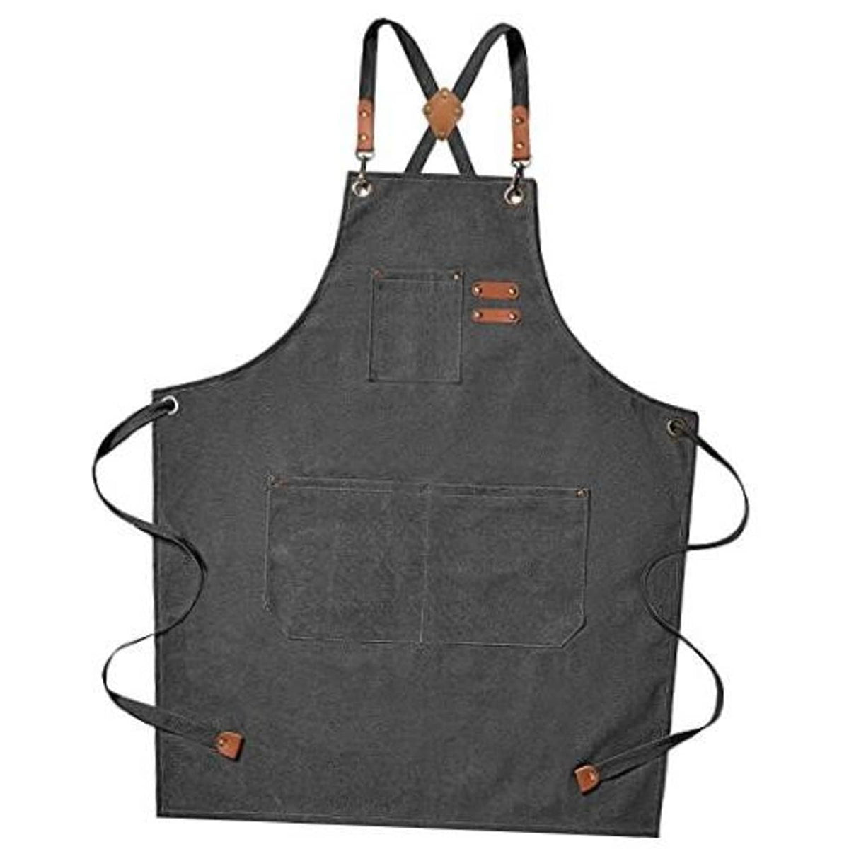 Men's grey canvas cross-back chef apron with chest strap and two front pockets