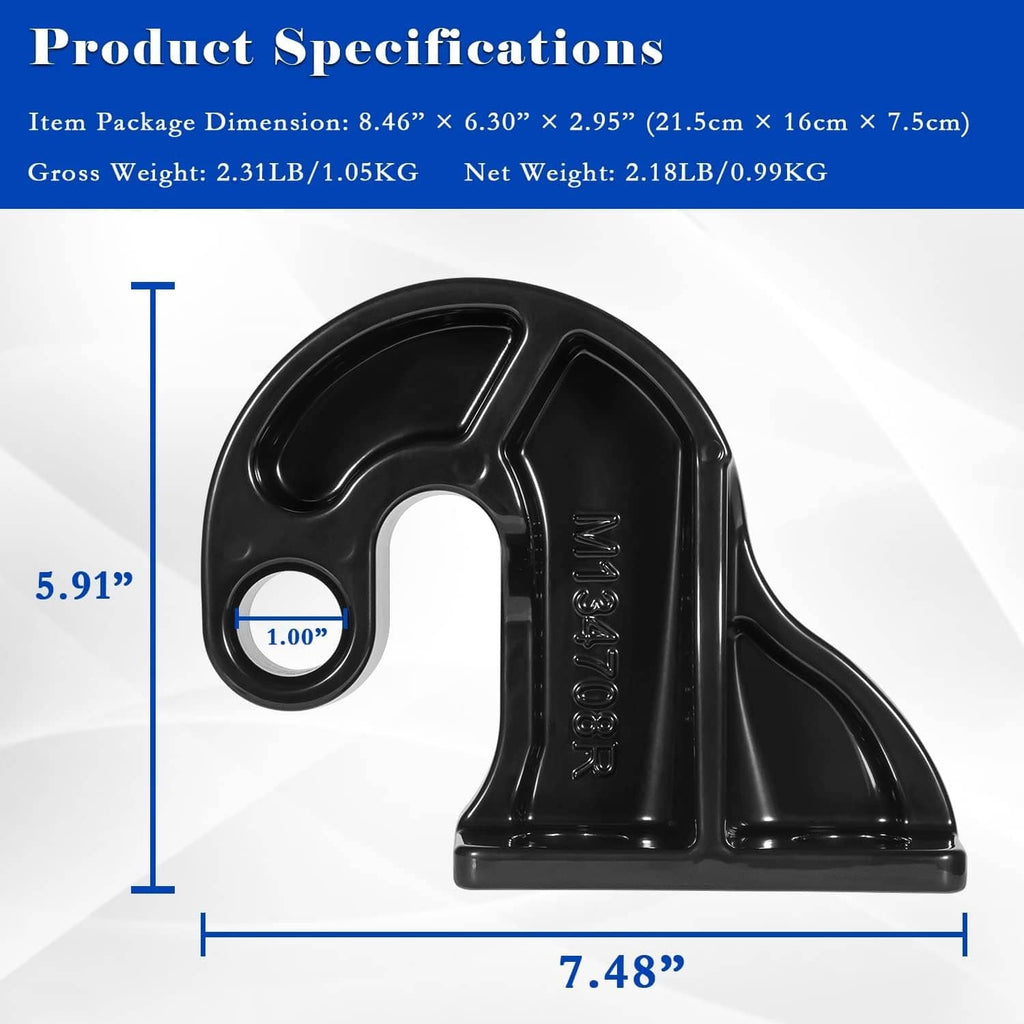 Black right-hand lower hood pivot bracket with mounting flange, dimensions shown