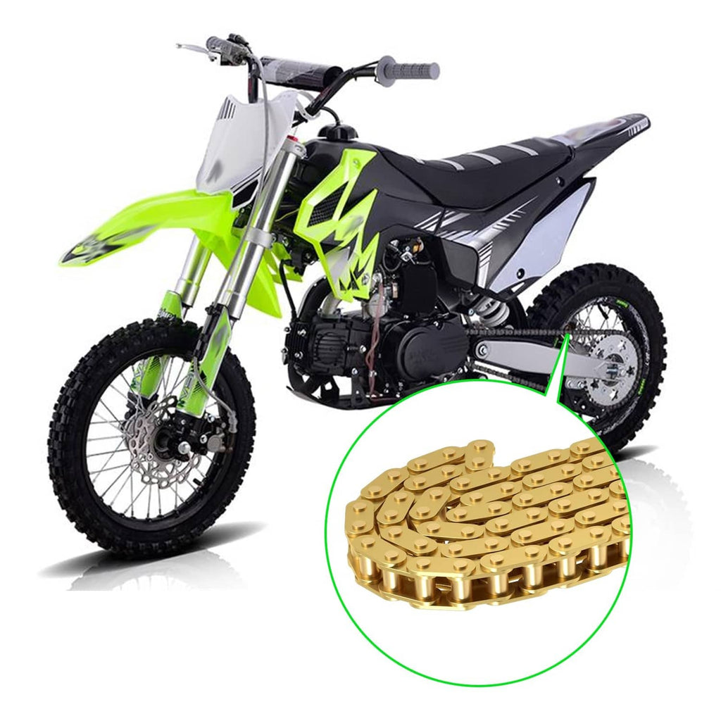 Gold 134-link roller drive chain shown on a green/black 50cc dirt bike