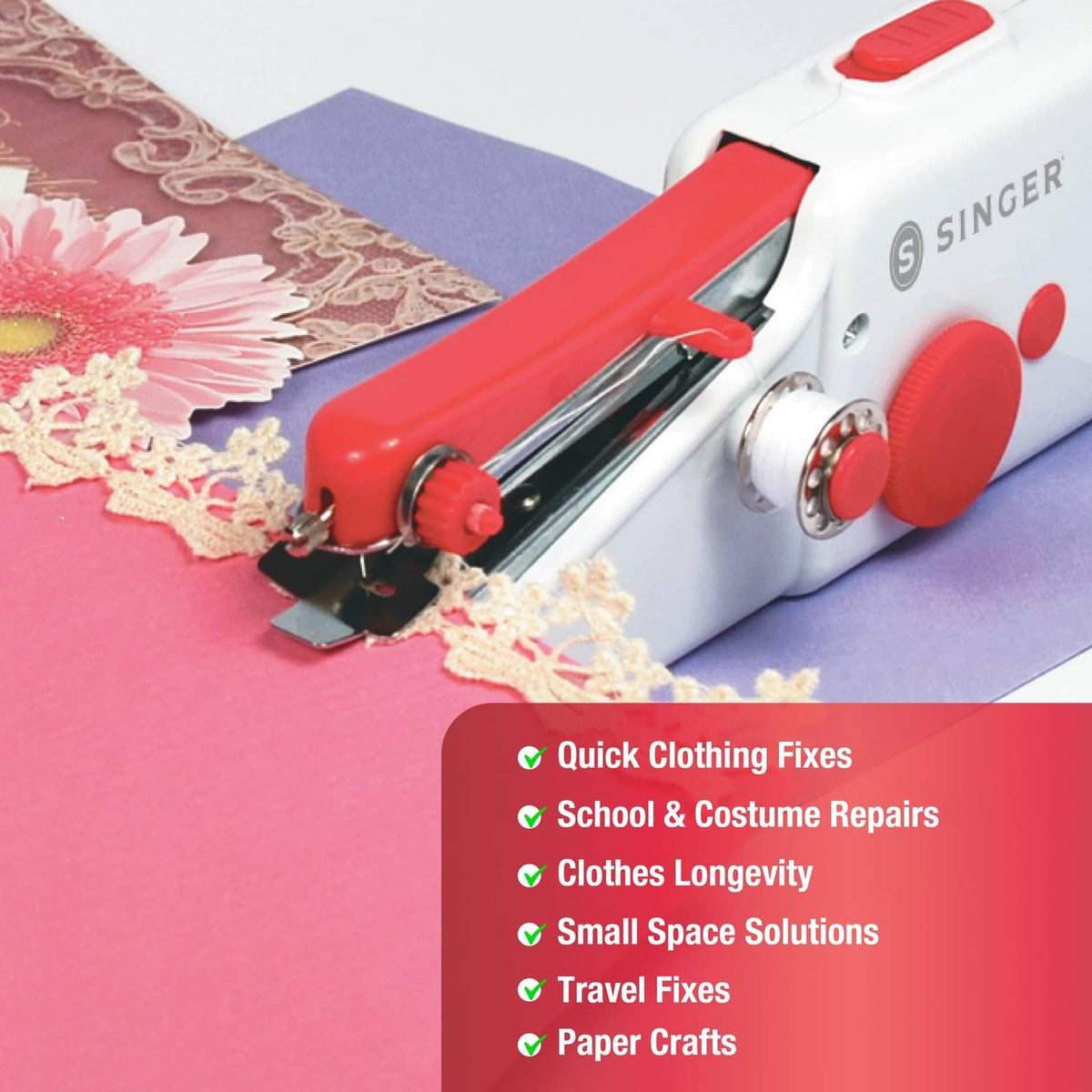 SINGER Stitch Sew Quick sewing machine stitching fabric with needle and red presser bar