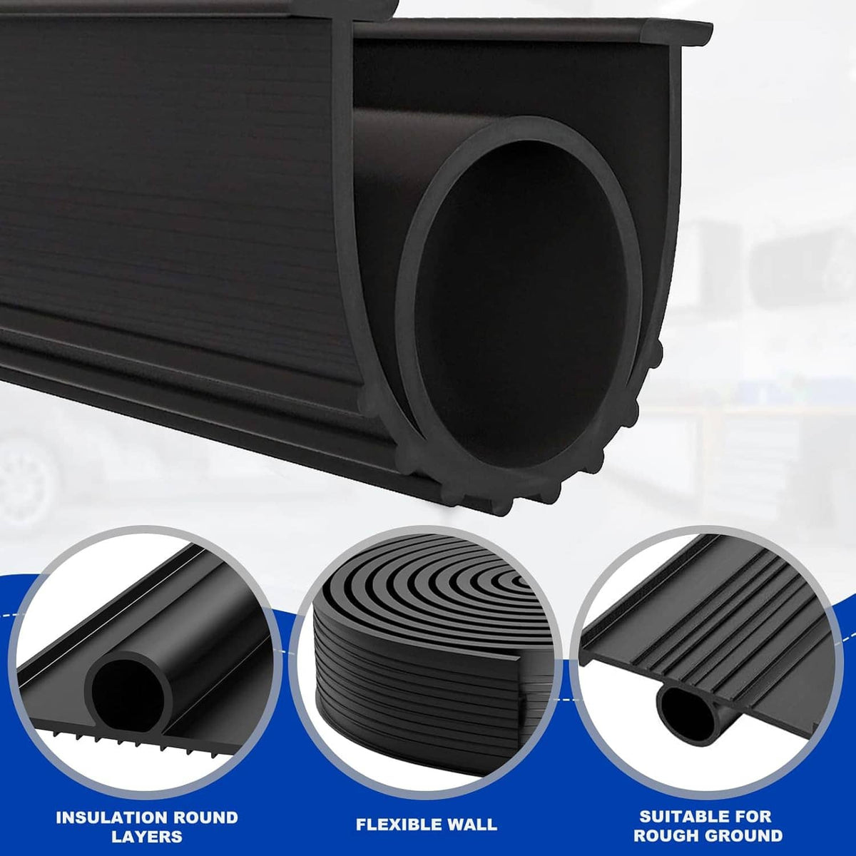 Black flexible garage door bottom seal with round bulb profile and ribbed body