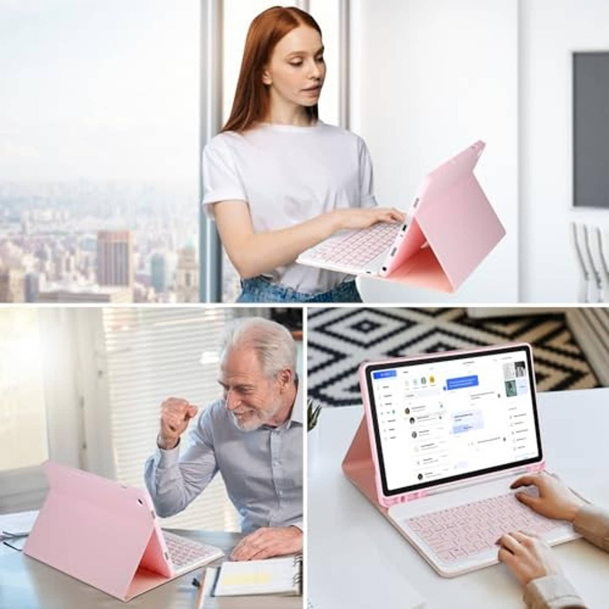 Pink tablet keyboard case in use for typing on a desk