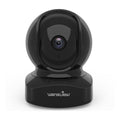 Black indoor 360° Wi‑Fi security camera, centered front lens on base
