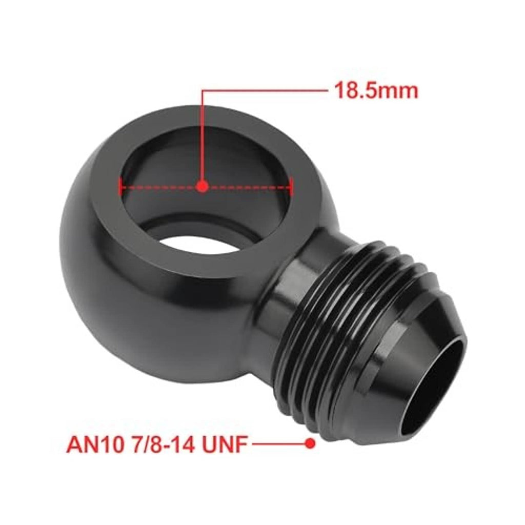 Black banjo fitting with round center hole and threaded male outlet, dimension view