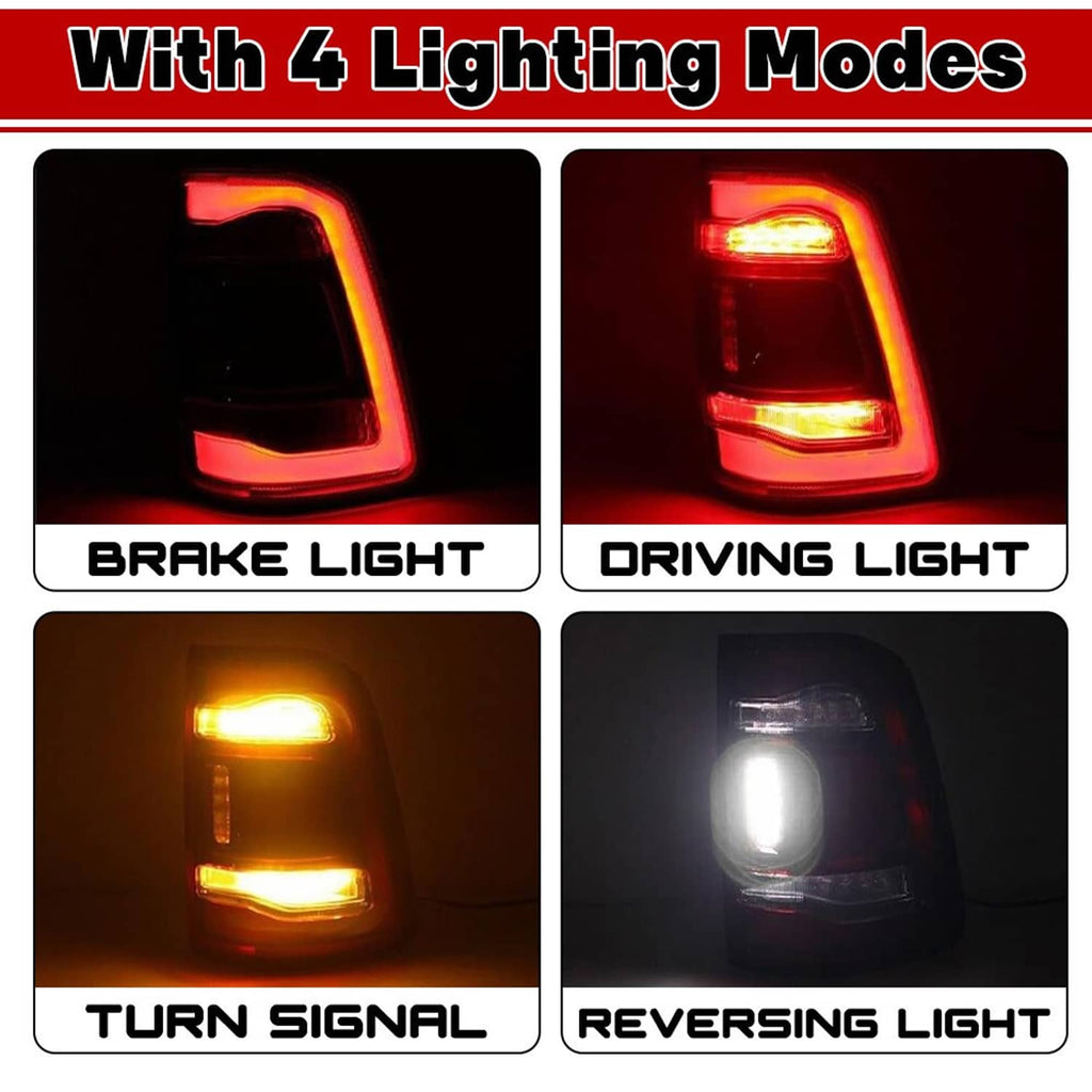 LED tail light with multiple lighting modes: red brake, amber turn, white reverse.
