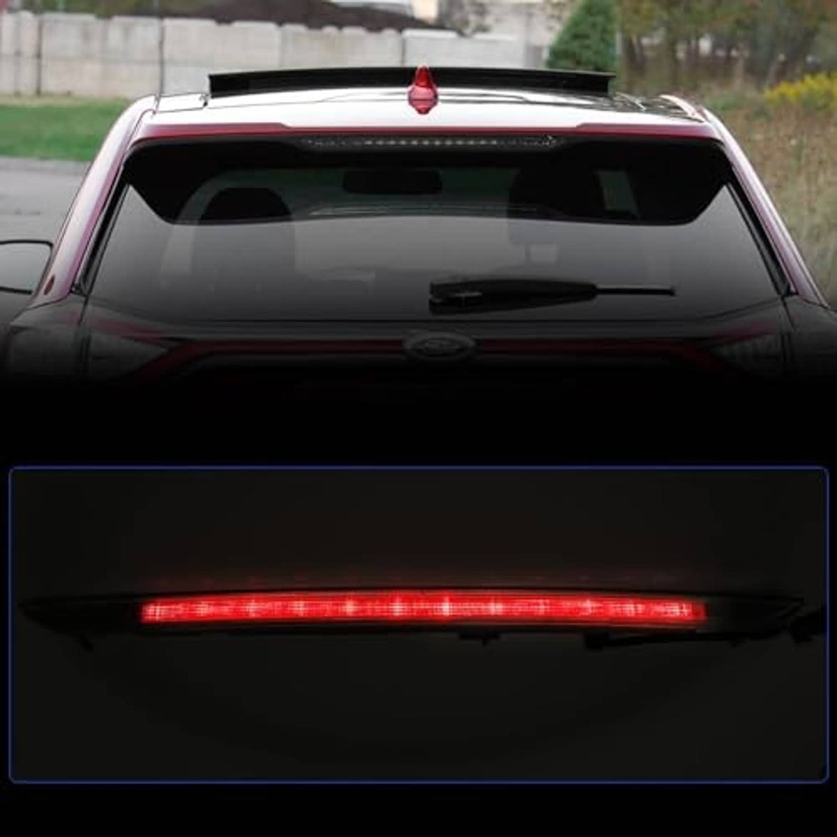 Illuminated rear high-mount LED brake light with a red light bar