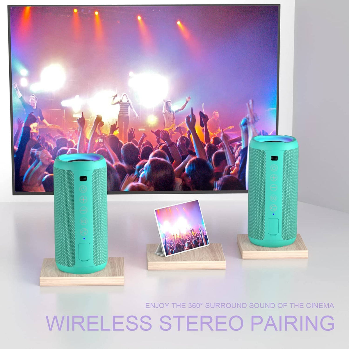 Two teal wireless Bluetooth speakers on stands with glowing rings near a TV screen