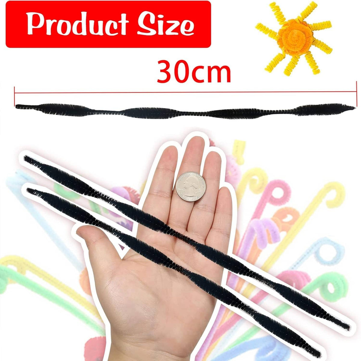 Black pipe cleaner stems, long fuzzy chenille sticks held in hand