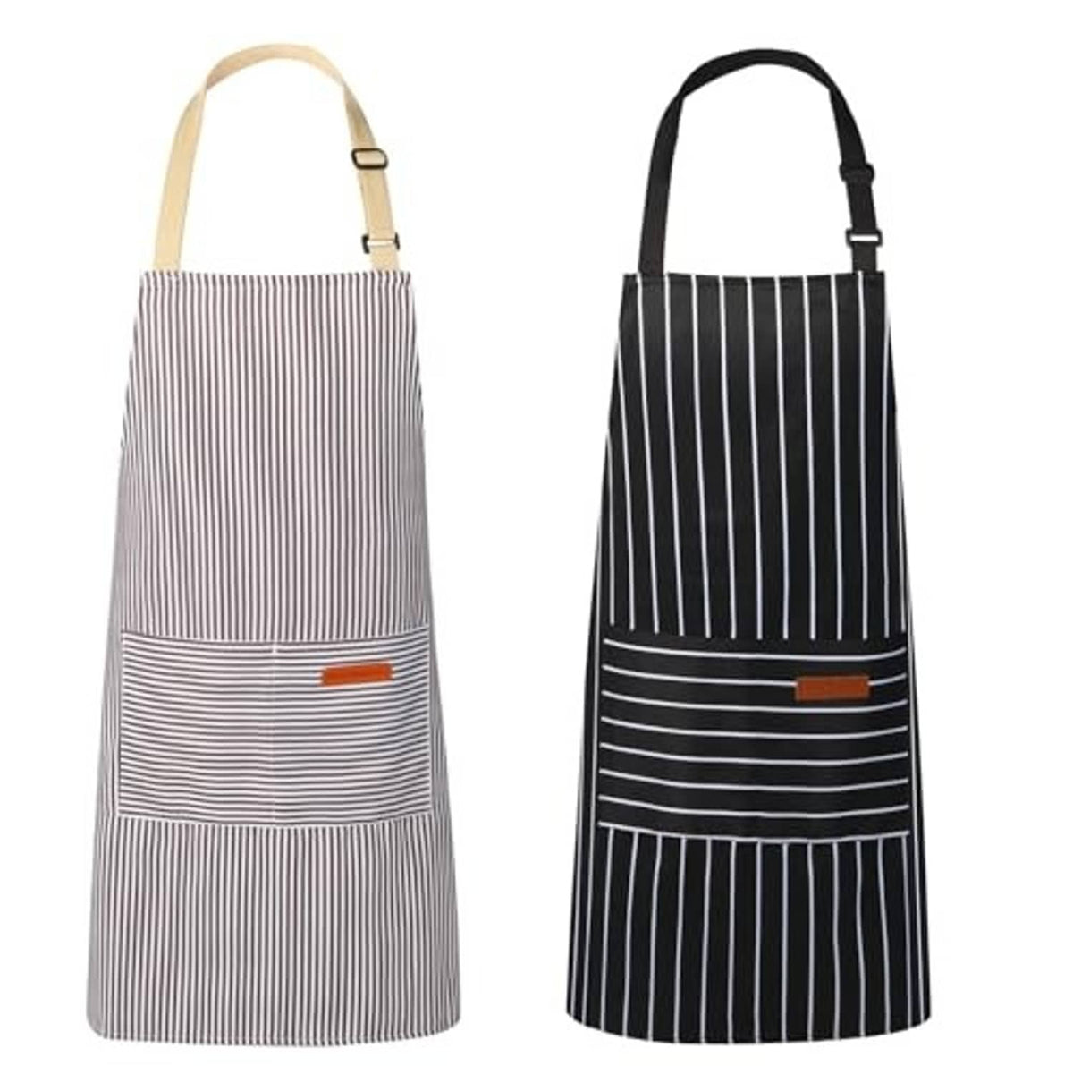 Pair of striped kitchen aprons with adjustable neck straps and two front pockets