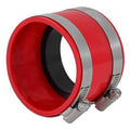 Red intake coupler with black hose opening and metal clamps, grey band