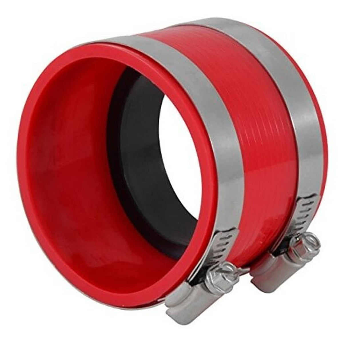 Red intake coupler with black hose opening and metal clamps, grey band