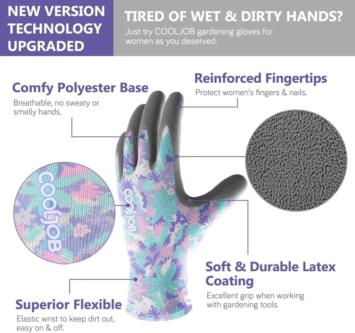 Gardening glove design details: breathable polyester, reinforced fingertips, latex coating grip