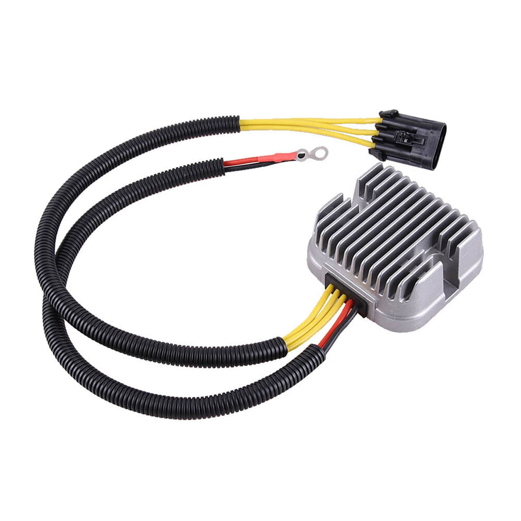 Voltage regulator rectifier with black cable harness and connector plug with ring terminals