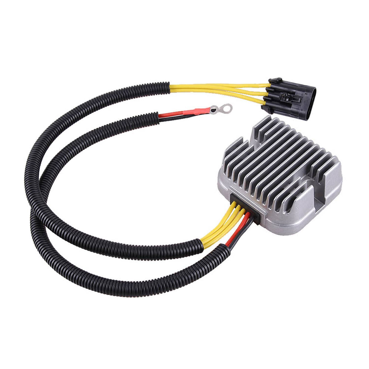 Voltage regulator rectifier with black cable harness and connector plug with ring terminals
