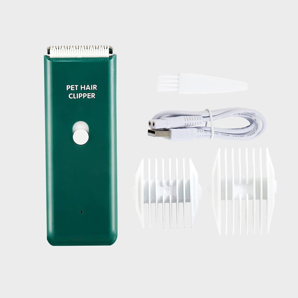 Green pet hair clipper with USB cable and three white comb attachments