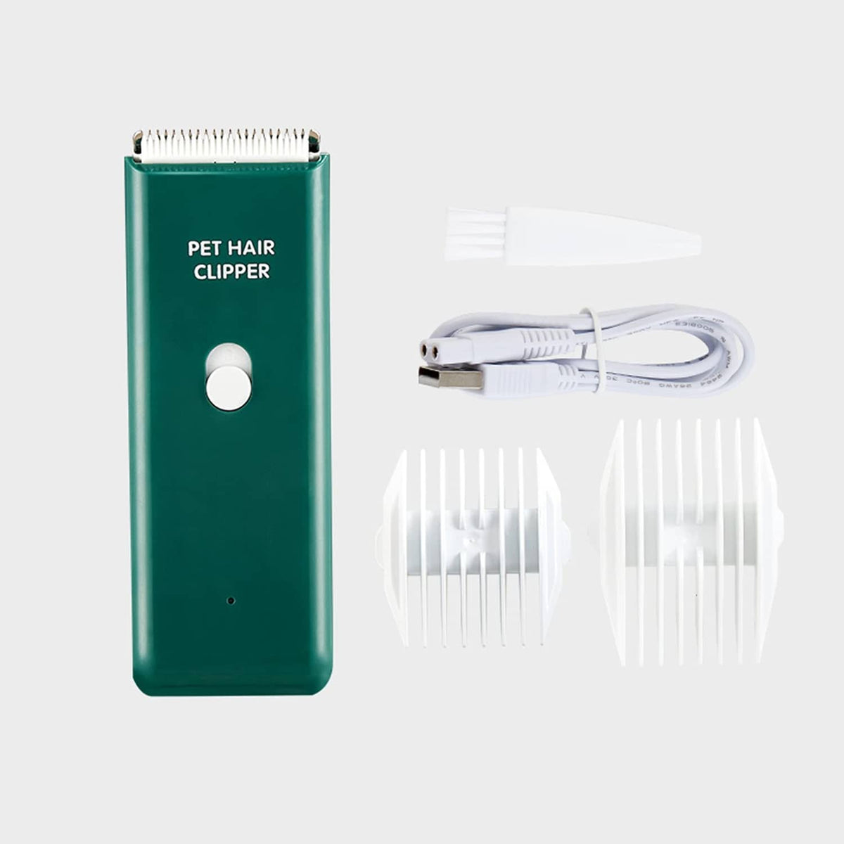 Green pet hair clipper with USB cable and three white comb attachments