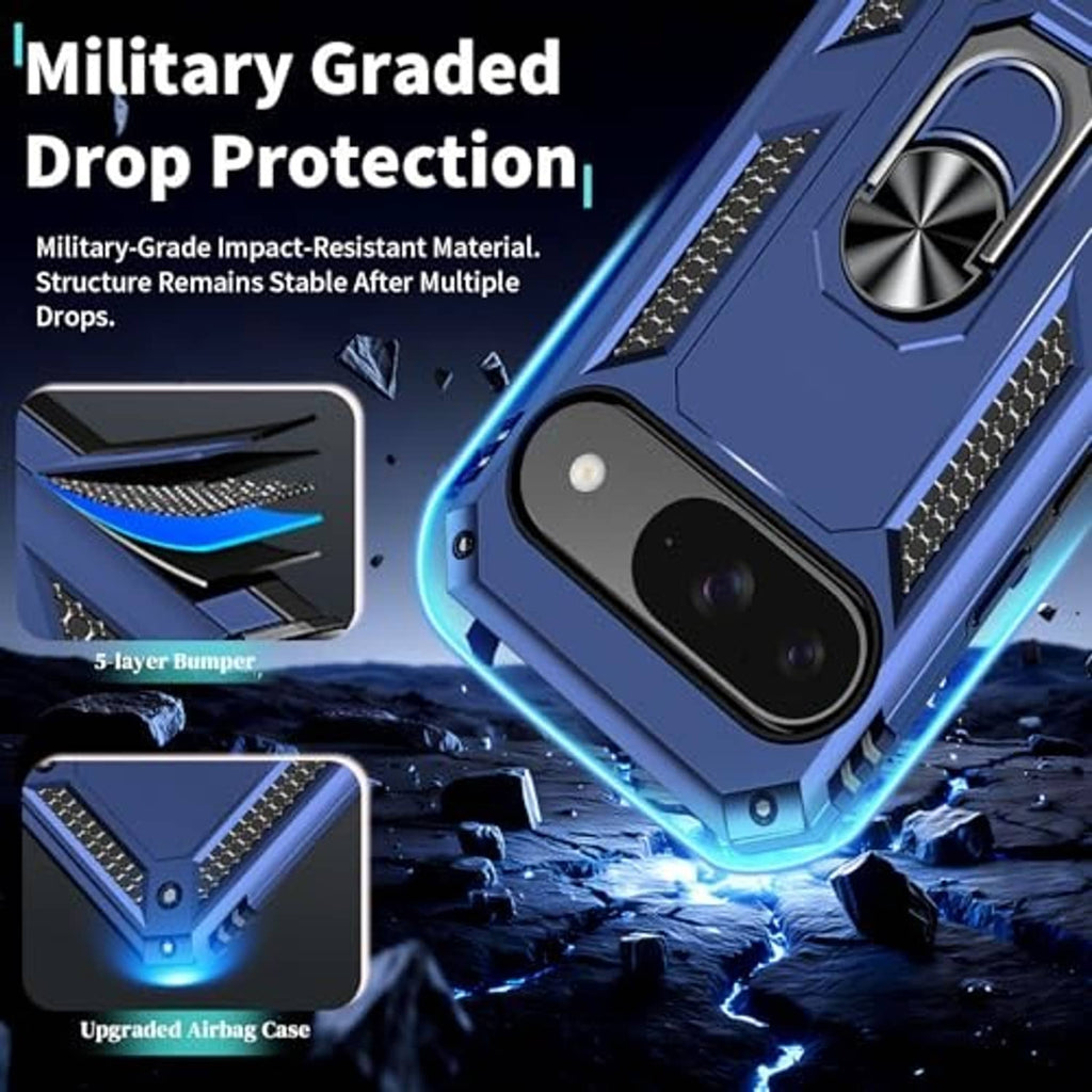 Blue rugged phone case with impact-resistant bumper and raised camera protection