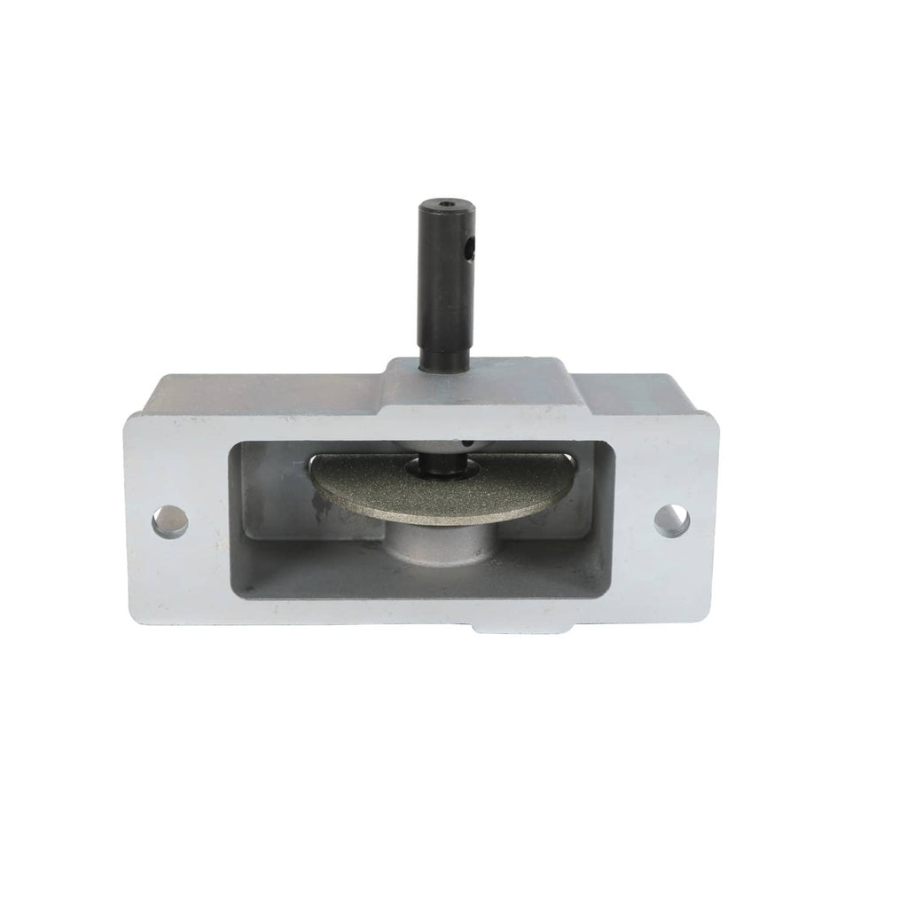 Manual piston ring grinder tool with centered abrasive wheel and vertical handle post