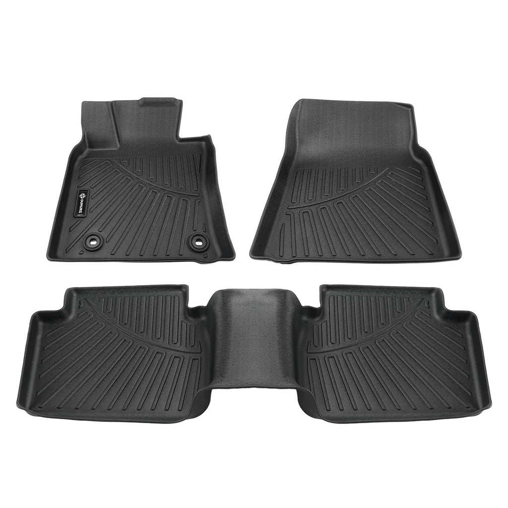 Black TPE floor mat liners set, four mats with molded contours and textured grooves