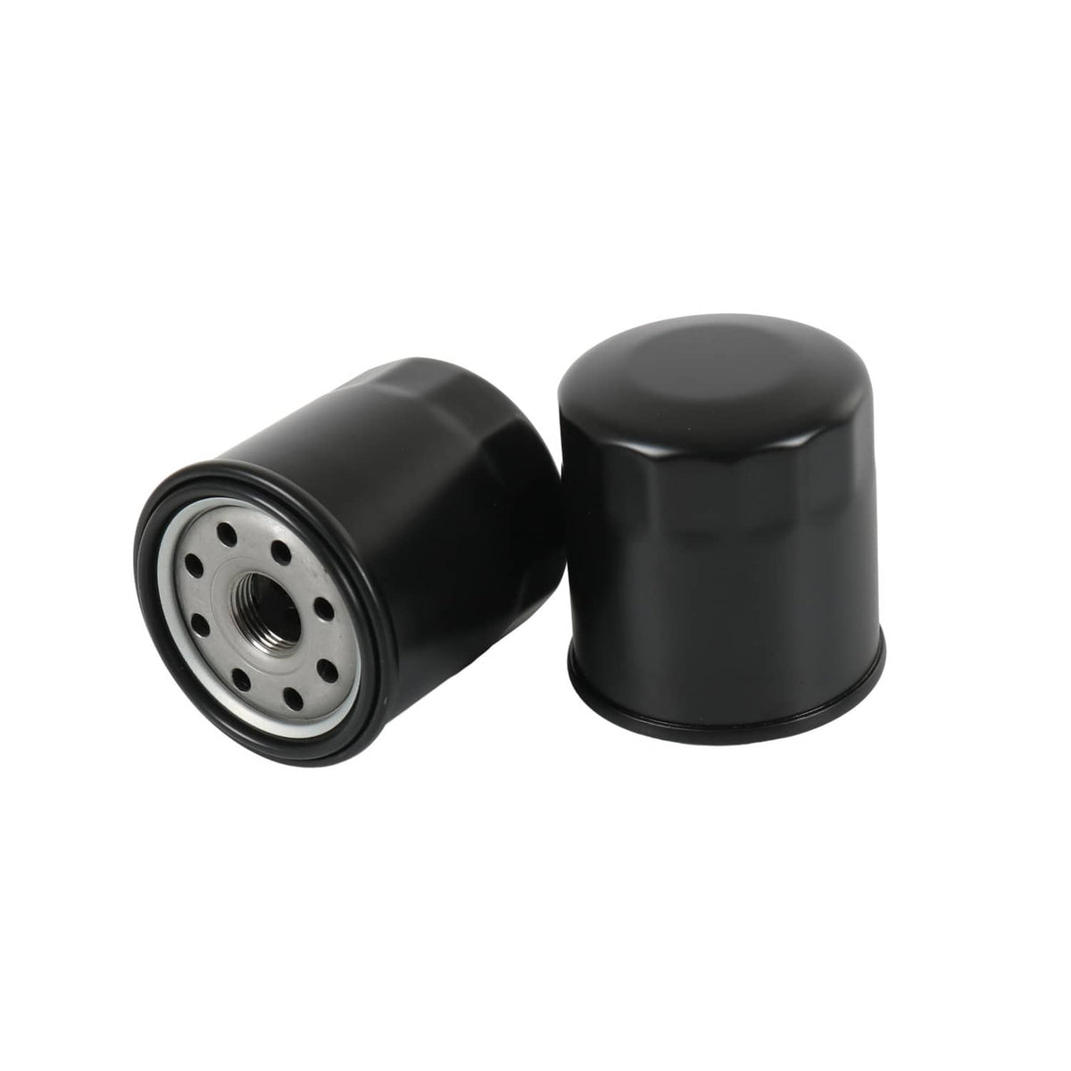 Pair of hydraulic oil filter canisters, black cylindrical housings with vented end plates