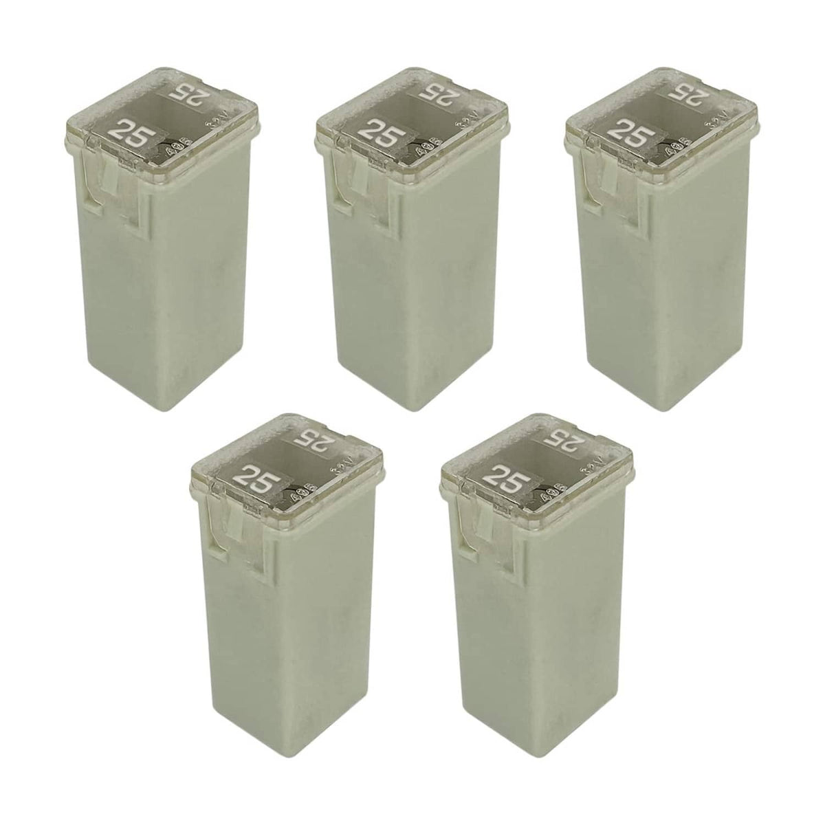 5 pack J-case automotive trailer fuses, translucent body with 25A markings