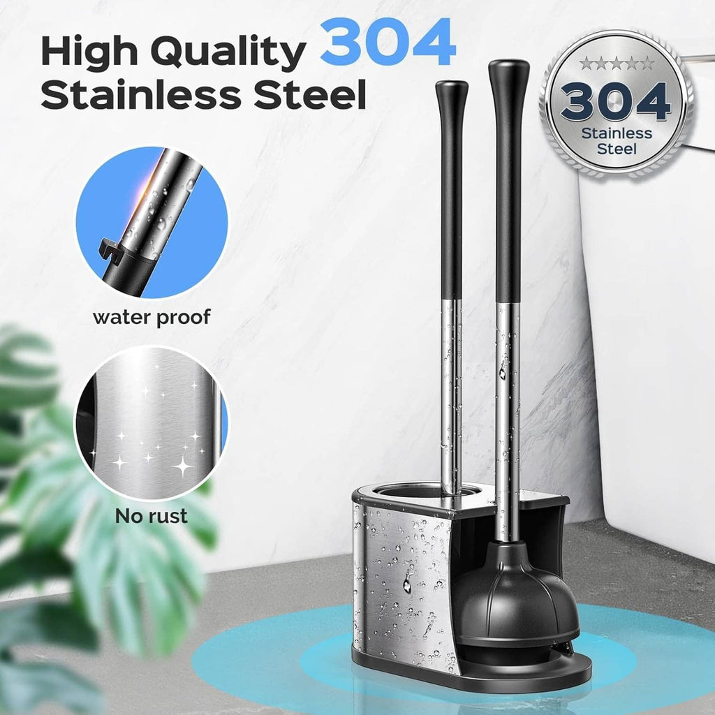 304 stainless toilet plunger and brush set with black handles and silver base