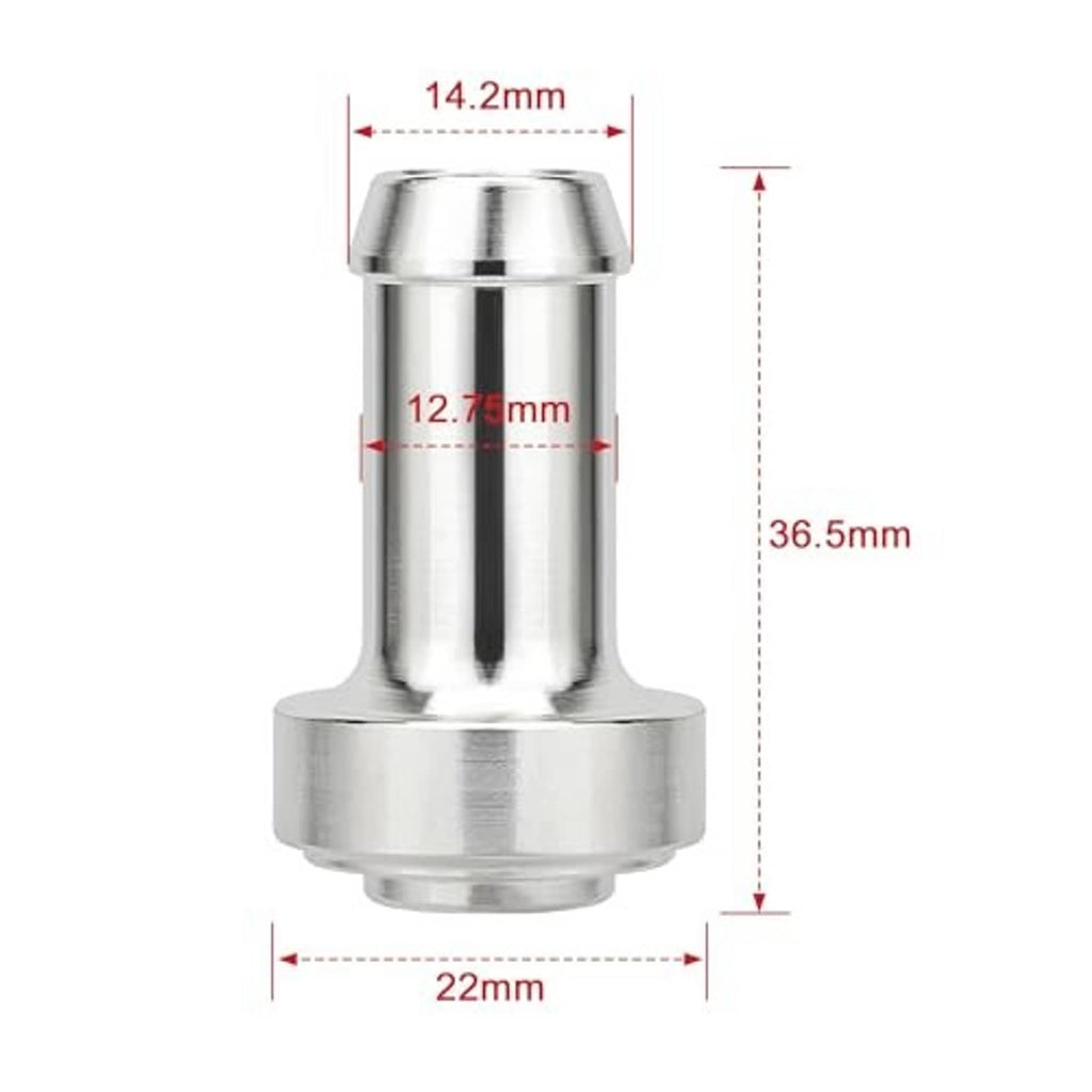 Silver weld-on hose barb tail nipple with size diagram