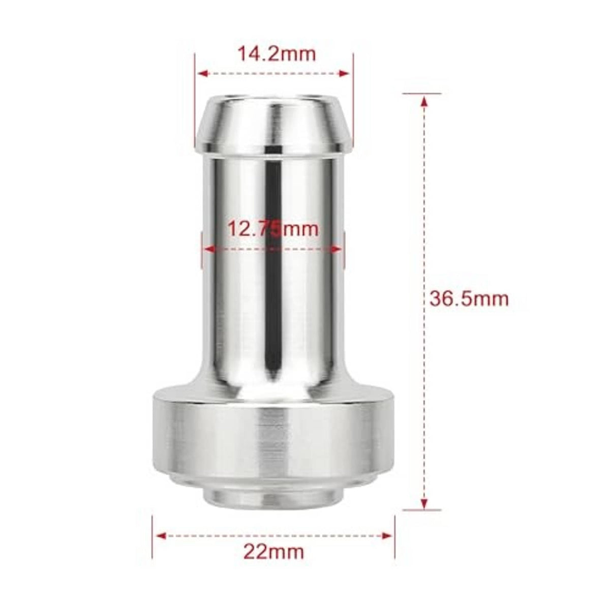 Silver weld-on hose barb tail nipple with size diagram