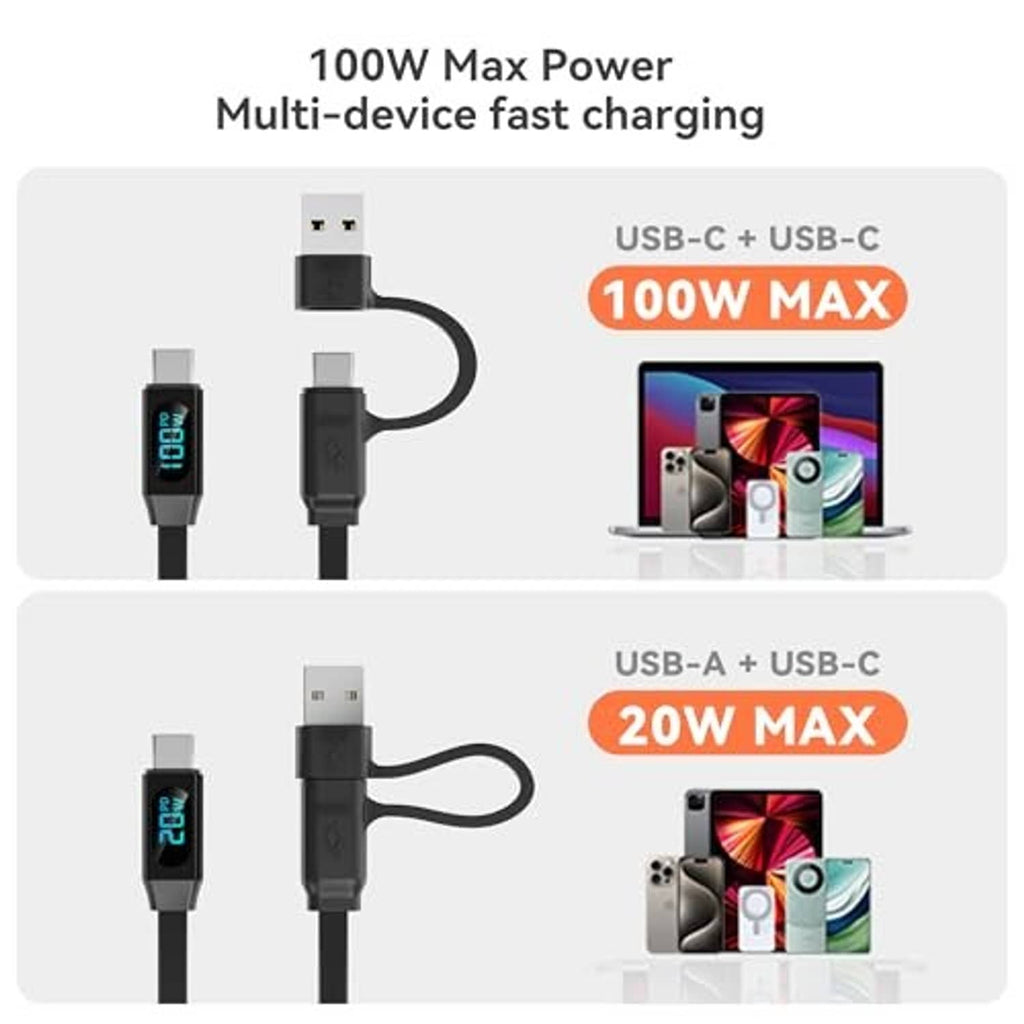 Retractable multi-device charging cable with LED display for 100W max and 20W max