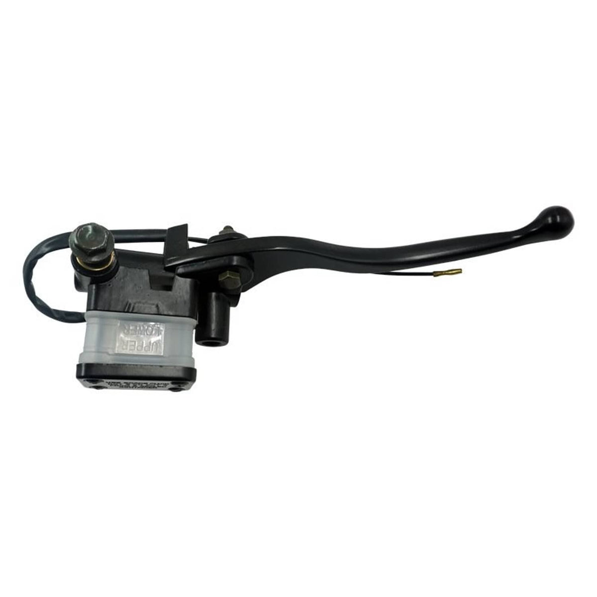Front brake master cylinder with black mounting bracket, lever, and cable