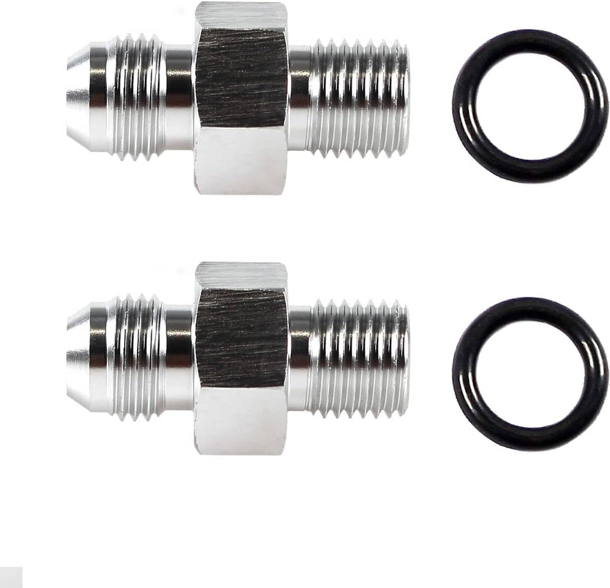 Two metal adapter fittings with hex couplers and matching black O-ring gaskets.