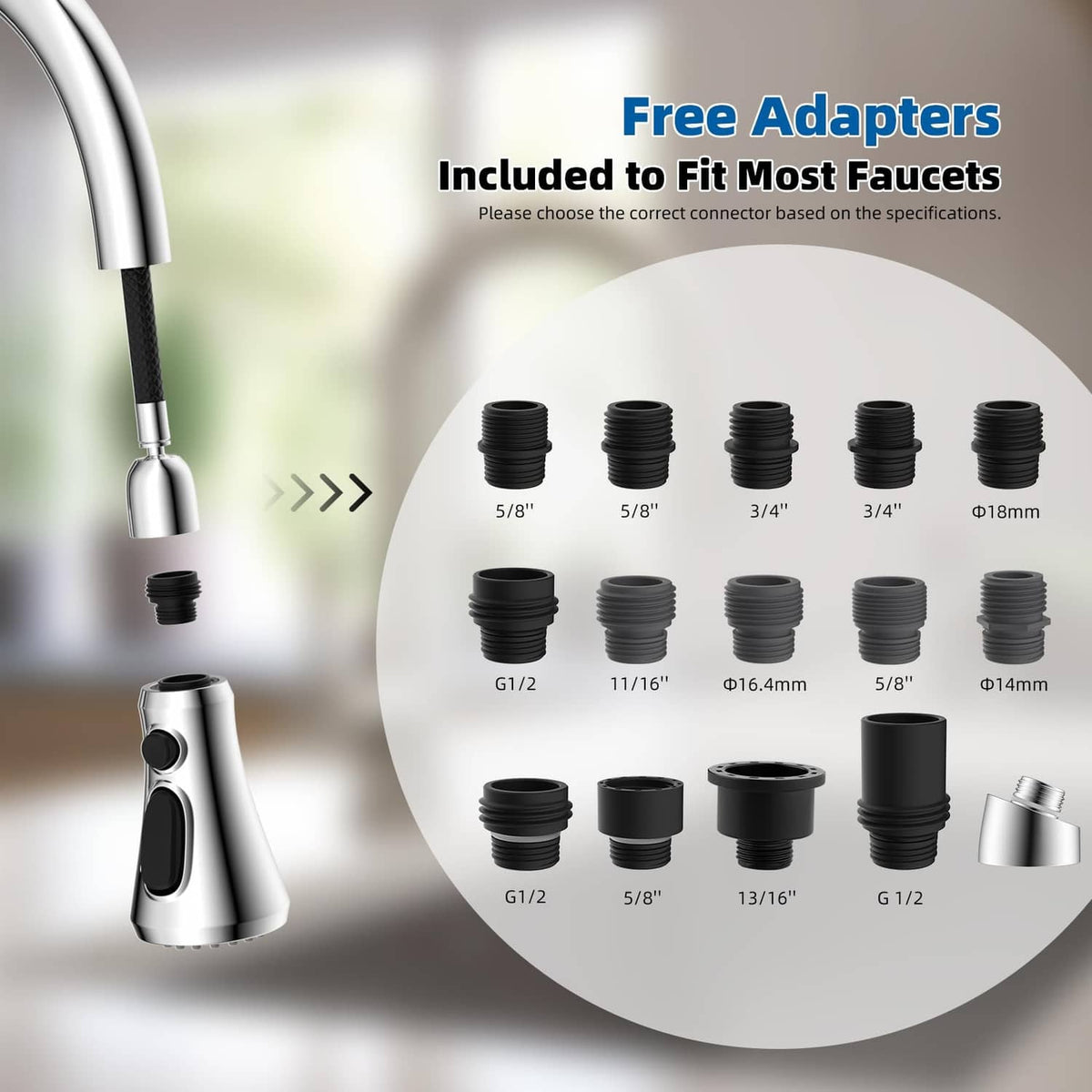 Chrome faucet head with included thread adapter fittings in multiple sizes