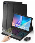 Black folio tablet case with detachable keyboard and trackpad, tablet propped for typing