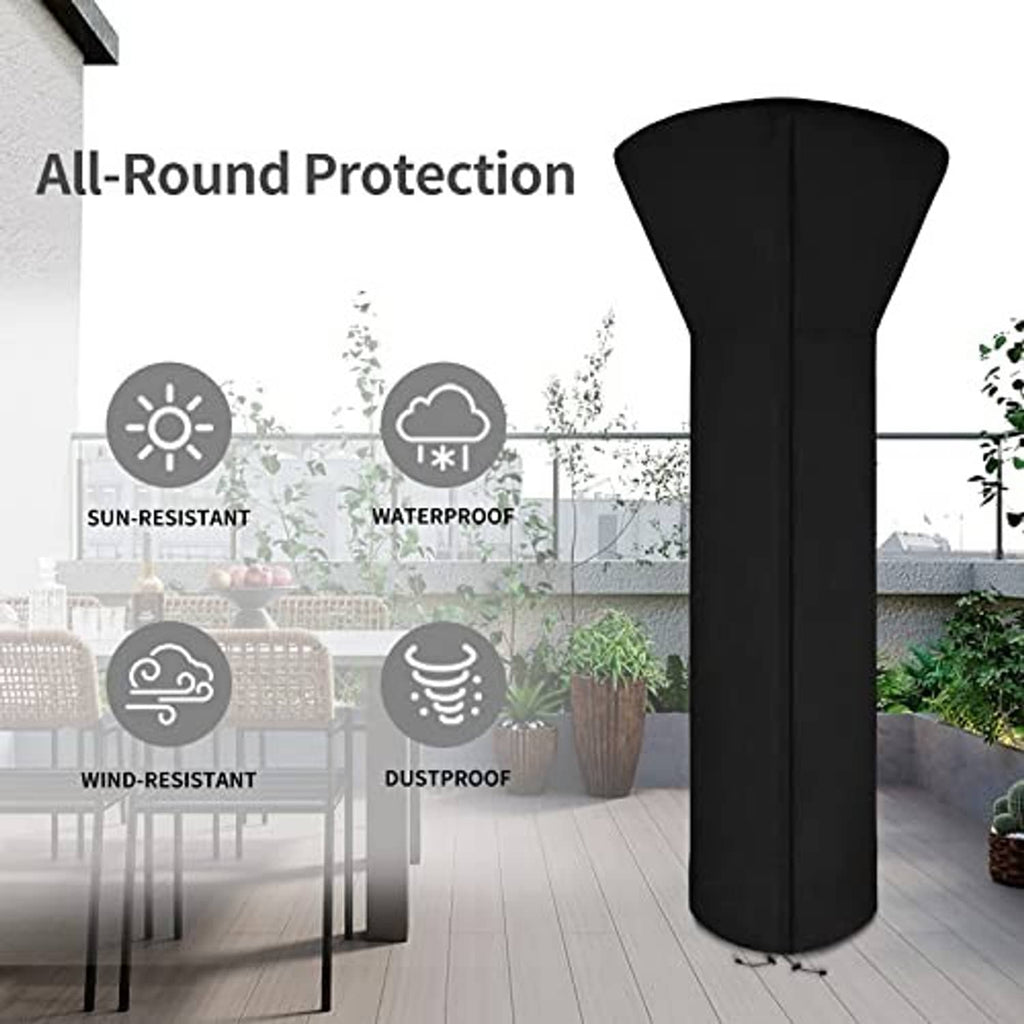 Black patio heater cover with secure fit and adjustable cord for all-weather use.