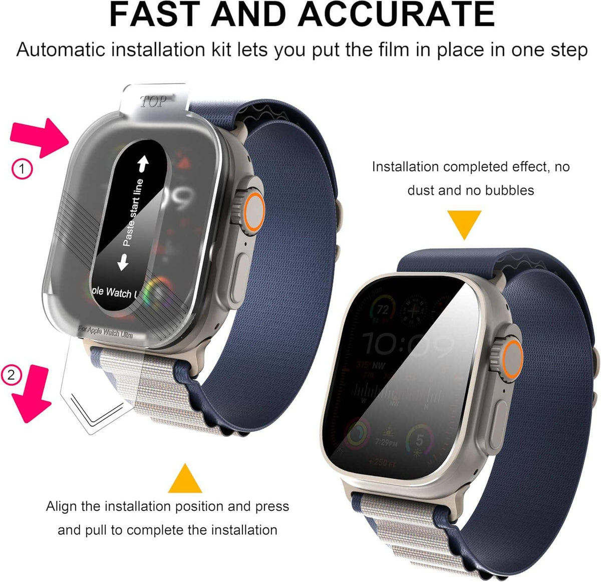 Apple Watch privacy screen protector being installed with alignment tool over watch display
