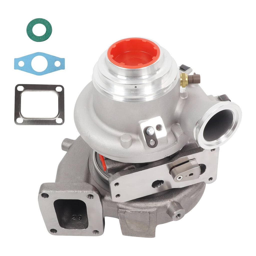 Turbocharger with silver housing and red intake cap, circular outlet flange and fittings.