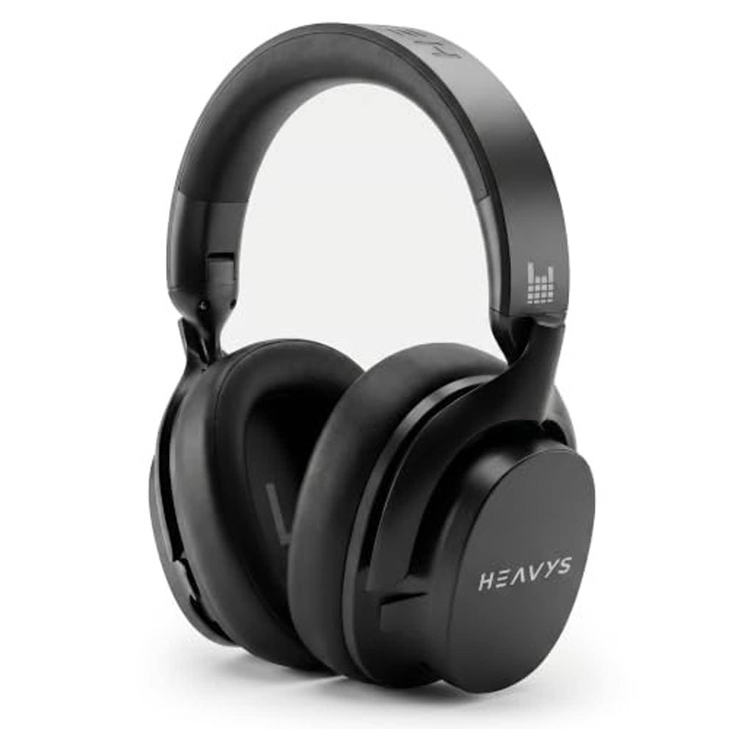Black over-ear wireless headphones, front view with padded headband and cushioned ear cups.