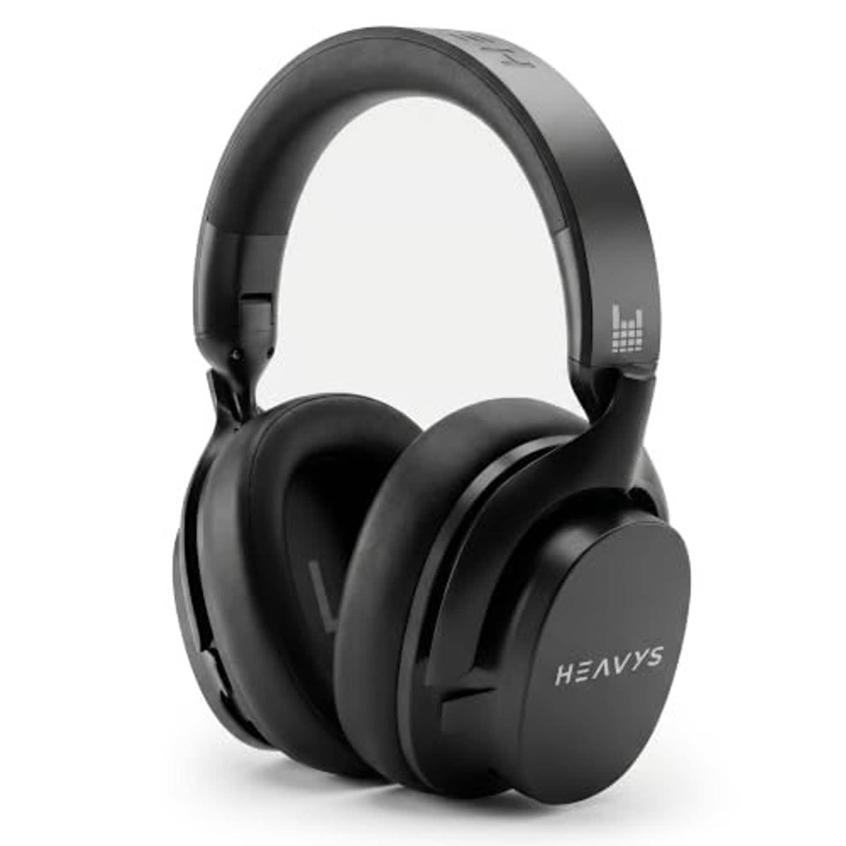 Black over-ear wireless headphones, front view with padded headband and cushioned ear cups.